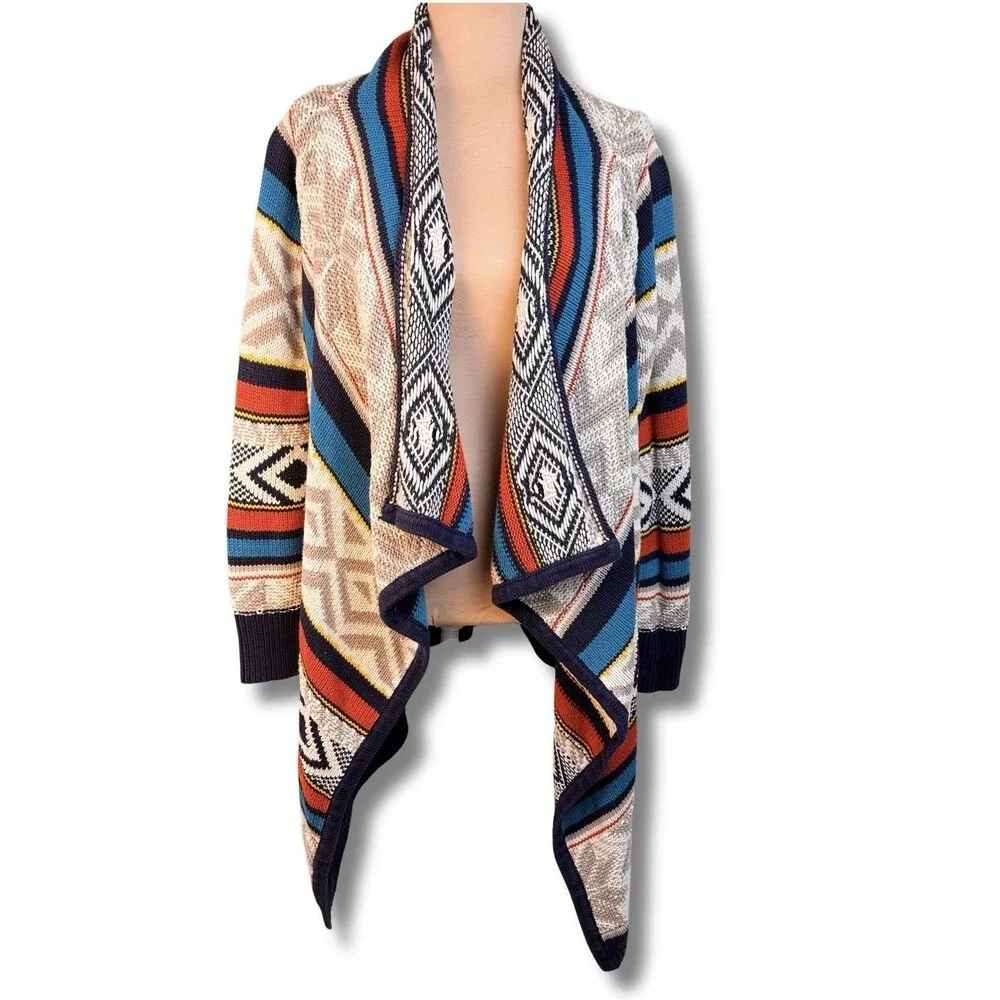 Long Cotton Cardigan Sweater Tribal Aztec Print Large Draped Tunic Length